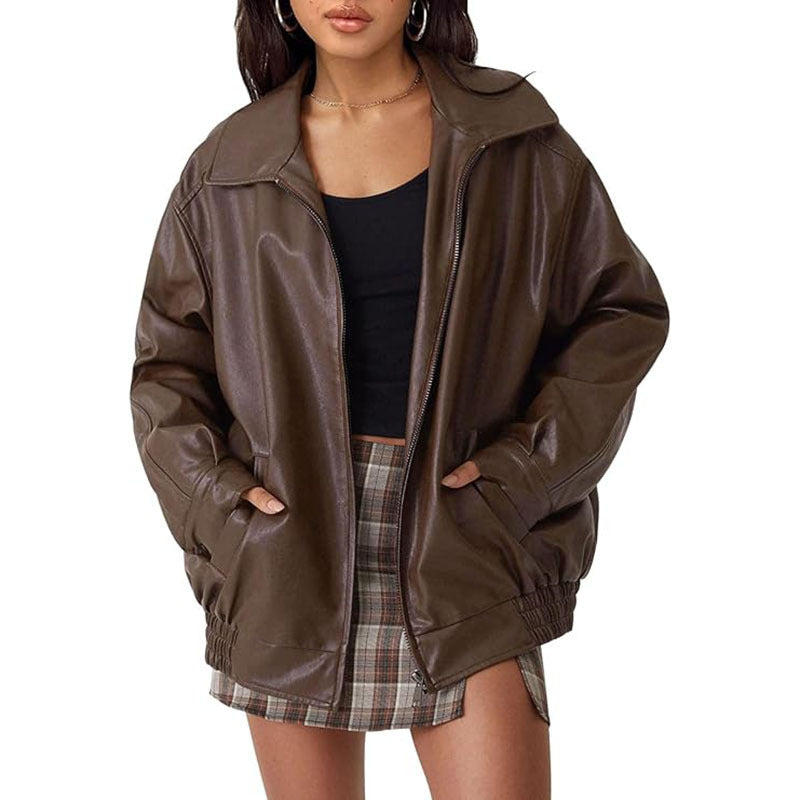 Spring And Autumn European And American Leather Jacket Locomotive Style Loose Top Coat Women